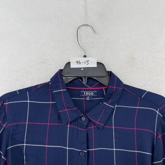 Izod Shirt Women's Sz L Blue Button-Up Windowpane Collared Regular Lightweight - Picture 12 of 12